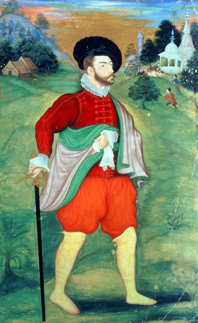 Ein Europäer in Indien, ca. 1556-1605 (Deckfarben und Gold auf Papier) von Mughal School